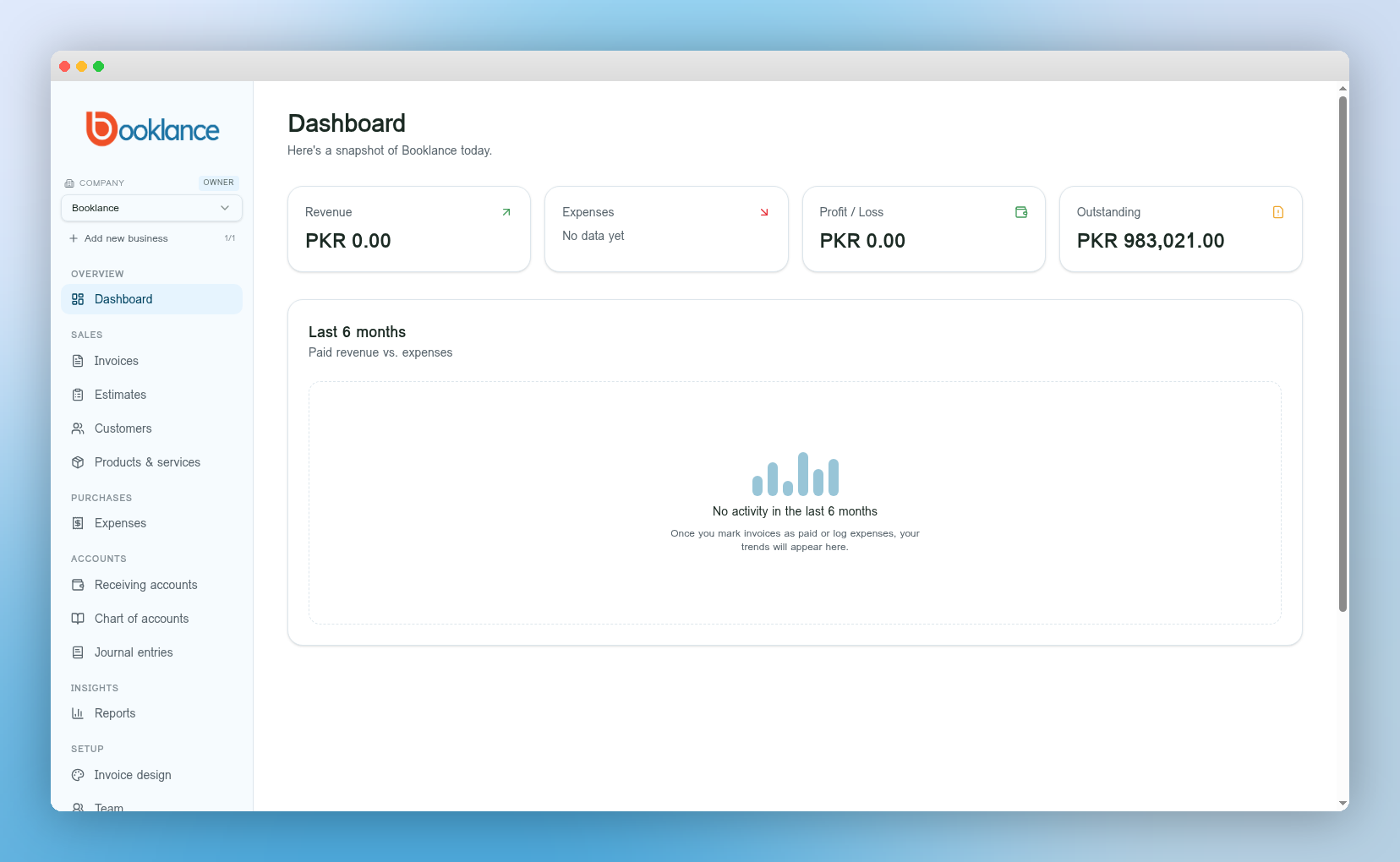 Booklance dashboard showing revenue, expenses, profit KPIs and a recent invoices list